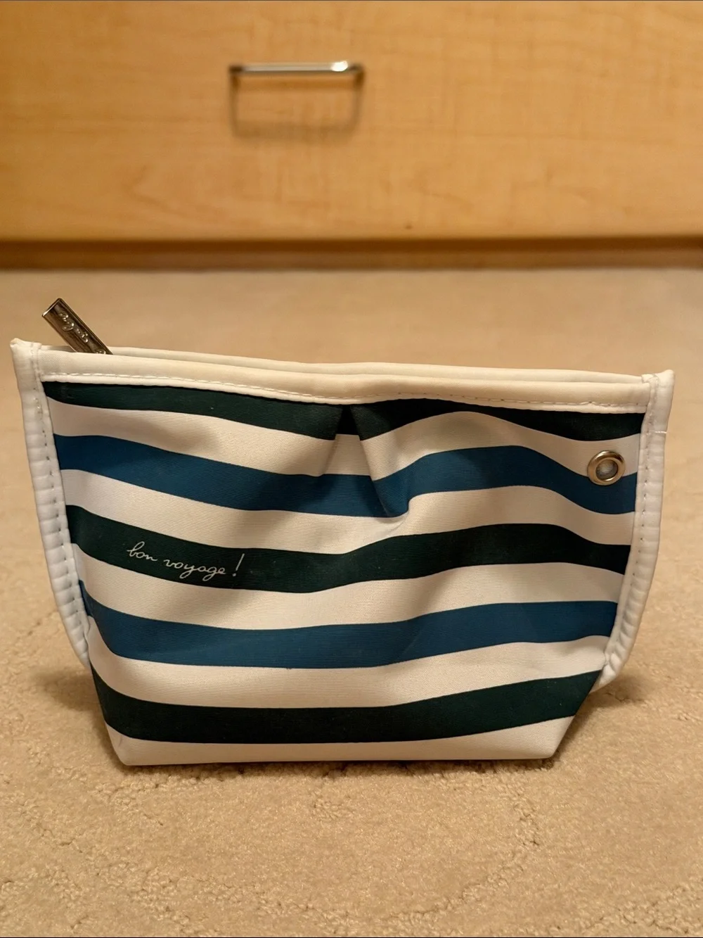 Agnes B. White Canvas Cosmetic Pouch with Blue and Green Stripes
